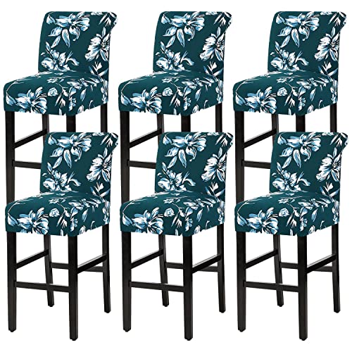 H.VERSAILTEX Stretch Bar Stool Cover Set of 6 Pub Counter Stool Chair Slipcover for Dining Room Cafe Height Side Chairs Feature Modern Floral Printed Design, Dark Teal