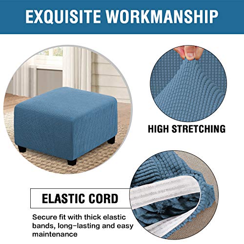 H.VERSAILTEX Square Ottoman Covers Ottoman Slipcovers Folding Storage Stool Furniture Protector Form Fit with Elastic Bottom, Stretch High Spandex Small Checks Jacquard Fabric(Medium,Dusty Blue)