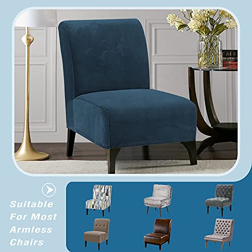 Armless Chair Slipcover Thick Striped Velvet Accent Chair Cover for Living Room High Stretch Slipper Chair Slipcover Removable Furniture Protector with Elastic Bottom, Machine Washable, Navy