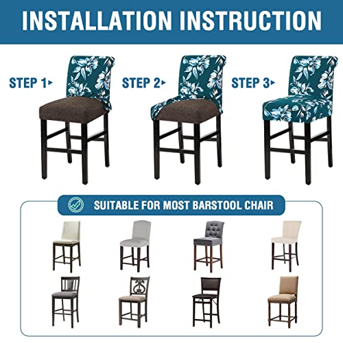 H.VERSAILTEX Stretch Bar Stool Cover Set of 6 Pub Counter Stool Chair Slipcover for Dining Room Cafe Height Side Chairs Feature Modern Floral Printed Design, Dark Teal