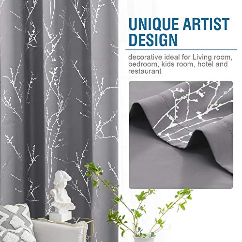 H.VERSAILTEX Blackout Curtains for Bedroom Foil Print Twig Tree Branch Thermal Insulated Grommet Curtain Drapes Light Blocking Thick Soft Window Curtains for Living 52 x 45 Inch Grey 2 Panels