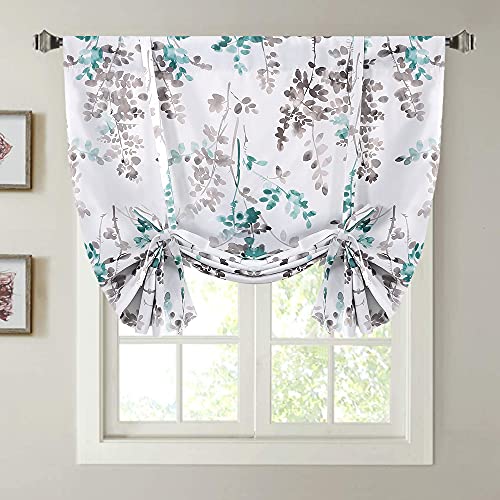 Blackout Tie Up Curtain - Thermal Insulated Balloon Curtain for Small Window Adjustable Kitchen Tie Up Curtain (Floral Pattern in Grey and Turquoise, Rod Pocket Panel, 42 inches W x 63 inches L)