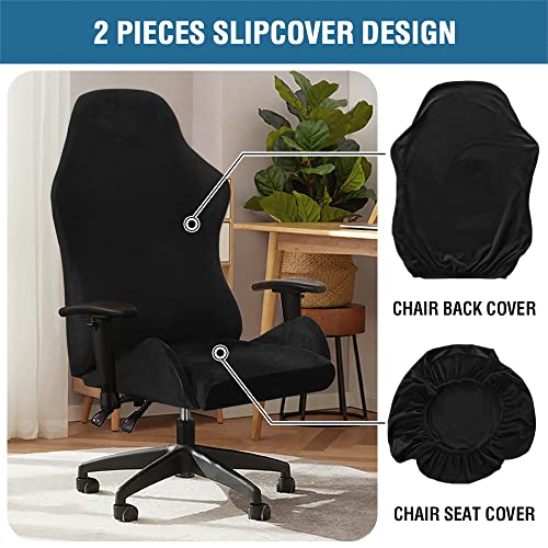 2 Piece Velvet Gaming Chair Covers Stretchable Game Chair Cover Protector Computer Chair Cover Computer Reclining Racing Ruffled Gamer Chair Protector Rotating Armchair Covers Without Chair (Black)