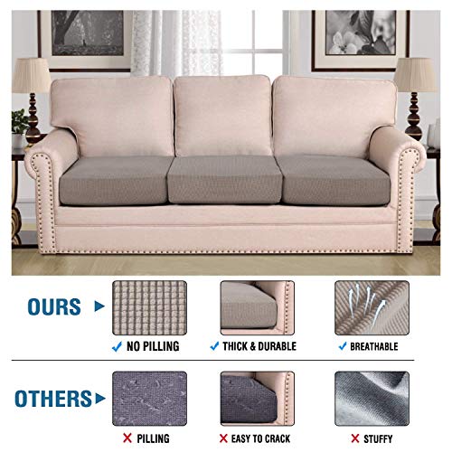 H.VERSAILTEX Super Stretch Individual Seat Cushion Covers Sofa Covers Couch Cushion Covers Slipcovers Featuring Thick Jacquard Textured Twill Fabric (3 Piece XL Sofa Cushion Covers, Taupe)