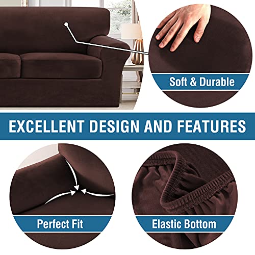 Thick Striped Velvet 3 Piece Stretch Sofa Covers Couch Covers for 2 Cushion Couch Sofa Slipcovers (Base Cover Plus 2 Large Cushion Covers) Feature Soft Stay in Place(2 Cushion: 72"-88", Chocolate)