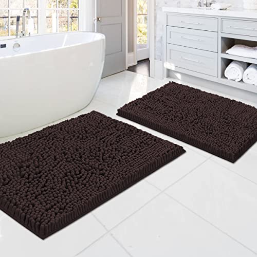 Bathroom Rugs Bath Mats for Bathroom Non Slip Luxury Chenille Bathroom Rugs Extra Soft Absorbent Shaggy Bathroom Mat Rugs Washable Fast Dry Bathroom Rugs Sets 2 Piece (Chocolate, 20" x 32"/17" x 24")