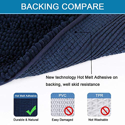 Bath Mats for Bathroom Non Slip Extra Thick Chenille Striped Bath Rug 24" x 36" Absorbent Non Skid Fluffy Soft Shaggy Rugs Washable Dry Fast Plush Mats for Indoor, Bath Room, Tub - Navy