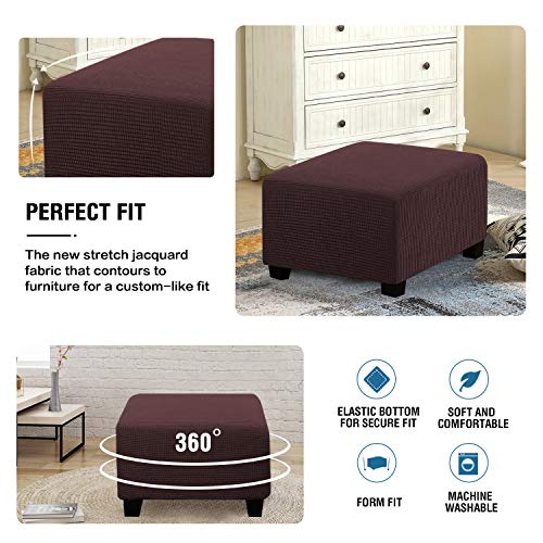 H.VERSAILTEX Square Ottoman Covers Ottoman Slipcovers Folding Storage Stool Furniture Protector Form Fit with Elastic Bottom, Stretch High Spandex Small Checks Jacquard Fabric(Medium,Chocolate)