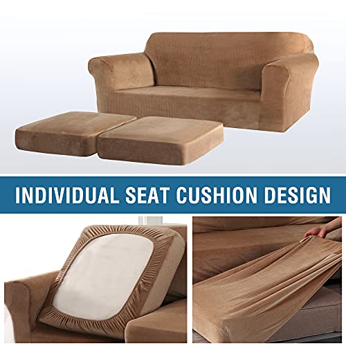 Thick Striped Velvet 3 Piece Stretch Sofa Covers Couch Covers for 2 Cushion Couch Sofa Slipcovers (Base Cover Plus 2 Large Cushion Covers) Feature Soft Stay in Place(2 Cushion: 72"-88", Camel)