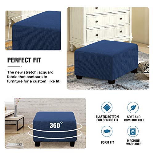 H.VERSAILTEX Square Ottoman Covers Ottoman Slipcovers Folding Storage Stool Furniture Protector Form Fit with Elastic Bottom, Stretch High Spandex Small Checks Jacquard Fabric(Medium,Navy)