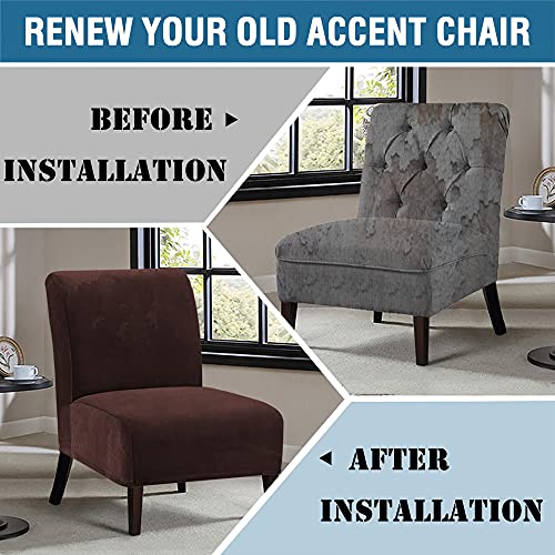 Armless Chair Slipcover Thick Striped Velvet Accent Chair Cover for Living Room High Stretch Slipper Chair Slipcover Removable Furniture Protector with Elastic Bottom, Machine Washable, Chocolate