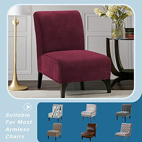 Armless Chair Slipcover Thick Striped Velvet Accent Chair Cover for Living Room High Stretch Slipper Chair Slipcover Removable Furniture Protector with Elastic Bottom, Machine Washable, Burgundy
