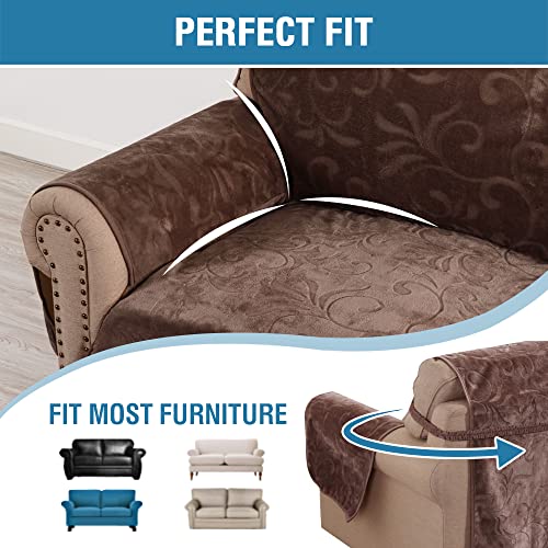 Sofa Slipcover 100% Waterproof Sofa Cover Couch Cover Premium Velvet Classic Flower Pattern Furniture Protector Non Slip with Elastic Straps for Pets Dogs Width Up to 52 Inch (Medium Sofa, Chocolate)