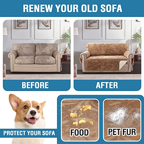 Sofa Slipcover 100% Waterproof Sofa Cover Couch Cover Premium Velvet Classic Flower Pattern Furniture Protector Non Slip with Elastic Straps for Pets Dogs Width Up to 52 Inch (Medium Sofa, Camel)