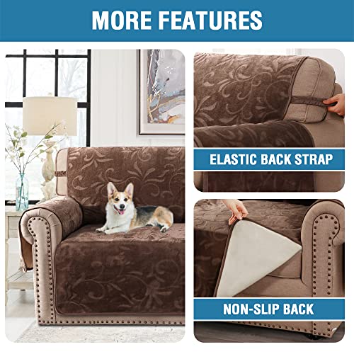 Sofa Slipcover 100% Waterproof Sofa Cover Couch Cover Premium Velvet Classic Flower Pattern Furniture Protector Non Slip with Elastic Straps for Pets Dogs Width Up to 72 Inch (Large Sofa, Chocolate)