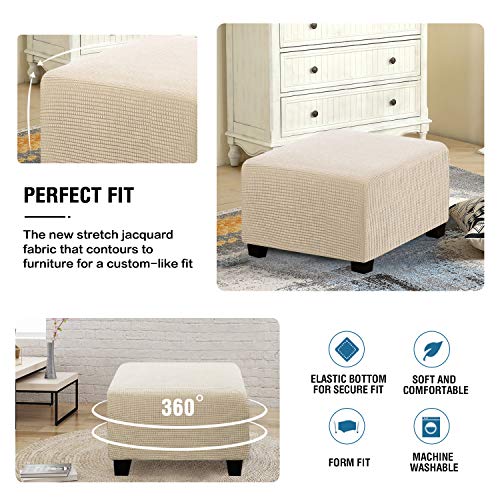 H.VERSAILTEX Square Ottoman Covers Ottoman Slipcovers Folding Storage Stool Furniture Protector Form Fit with Elastic Bottom, Stretch High Spandex Small Checks Jacquard Fabric(Medium,Natural)