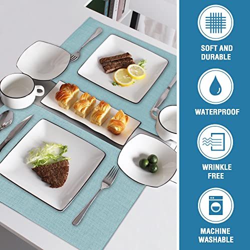 H.VERSAILTEX Linen Placemats Set of 6 Premium Solid Table Placemats for Dining Table Spill-Proof Waterproof Table Mats Heat-Resistant Kitchen Table Mats Washable, 12x18 inches, Aqua