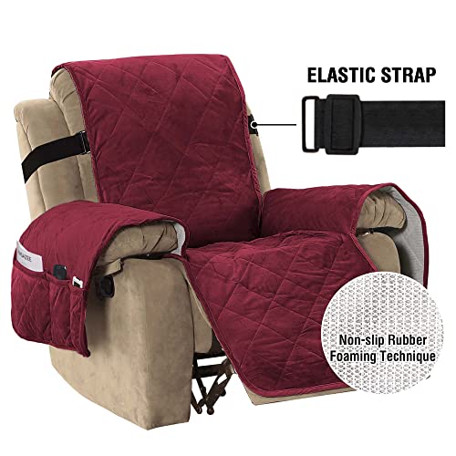 Thick Velvet Quilted Recliner Covers for Recliner Chair Covers Reclining Chair Slipcover Recliner Couch Cover with Non Slip Backing and Wider Elastic Strap (Checked - 79" x 68"- Burgundy)
