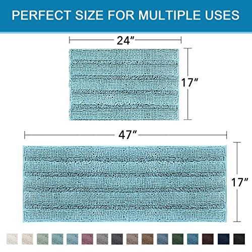 2 Piece Bathroom Set Bathroom Rugs Bath Mats Sets Super Absorbent Chenille Striped Bath Mats Non Skid Machine Wash Dry Rugs for Bathroom Floor(Aqua Haze, 47 x 17 Plus 17 x 24 - Inches)