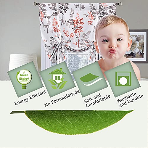 Blackout Tie Up Curtain - Thermal Insulated Balloon Curtain for Small Window Adjustable Kitchen Tie Up Curtain (Floral Pattern in Grey and Coral, Rod Pocket Panel, 42 inches W x 63 inches L)