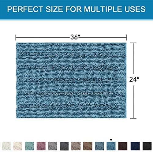 Bath Mats for Bathroom Non Slip Extra Thick Chenille Striped Bath Rug 24" x 36" Absorbent Non Skid Fluffy Soft Shaggy Rugs Washable Dry Fast Plush Mats for Indoor, Bath Room, Tub - Turquoise Blue