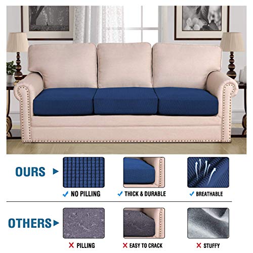 H.VERSAILTEX Super Stretch Individual Seat Cushion Covers Sofa Covers Couch Cushion Covers Slipcovers Featuring Thick Jacquard Textured Twill Fabric (3 Piece XL Sofa Cushion Covers, Navy)