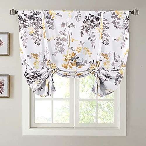 Blackout Tie Up Curtain - Thermal Insulated Balloon Curtain for Small Window Adjustable Kitchen Tie Up Curtain (Floral Pattern in Grey and Yellow, Rod Pocket Panel, 42 inches W x 63 inches L)