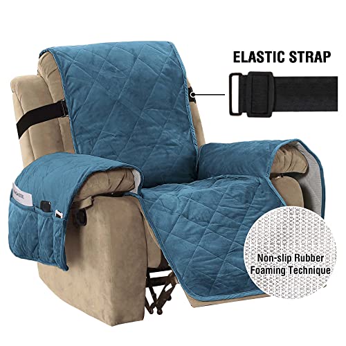 Thick Velvet Quilted Recliner Covers for Recliner Chair Covers Reclining Chair Slipcover Recliner Couch Cover with Non Slip Backing and Wider Elastic Strap (Checked - 79" x 68"- Peacock Blue)