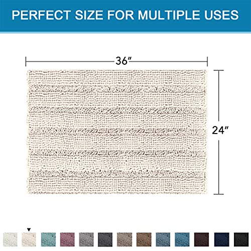 Bath Mats for Bathroom Non Slip Extra Thick Chenille Striped Bath Rug 24" x 36" Absorbent Non Skid Fluffy Soft Shaggy Rugs Washable Dry Fast Plush Mats for Indoor, Bath Room, Tub - Ivory