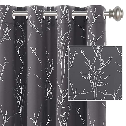H.VERSAILTEX Blackout Curtains for Bedroom Foil Print Twig Tree Branch Thermal Insulated Grommet Curtain Drapes Light Blocking Thick Soft Window Curtains for Living 52 x 45 Inch Charcoal Gray 2 Panels