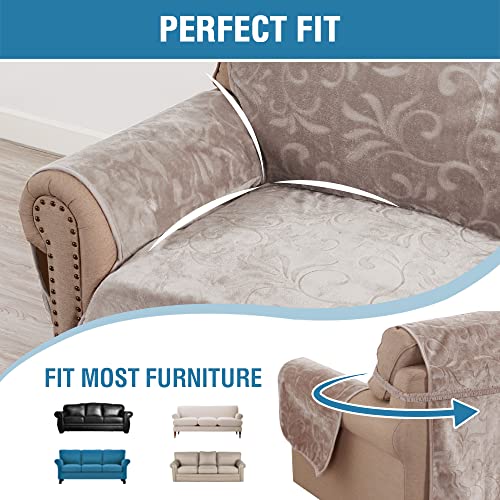 Sofa Slipcover 100% Waterproof Sofa Cover Couch Cover Premium Velvet Classic Flower Pattern Furniture Protector Non Slip with Elastic Straps for Pets Dogs Width Up to 72 Inch (Large Sofa, Taupe)