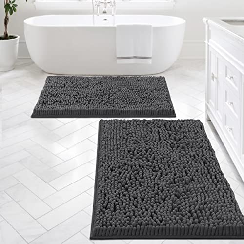 Bathroom Rugs Bath Mats for Bathroom Non Slip Luxury Chenille Bathroom Rugs Extra Soft Absorbent Shaggy Bathroom Mat Rugs Washable Fast Dry Bathroom Rugs Sets 2 Piece (Grey, 24" x 36"/20" x 32")
