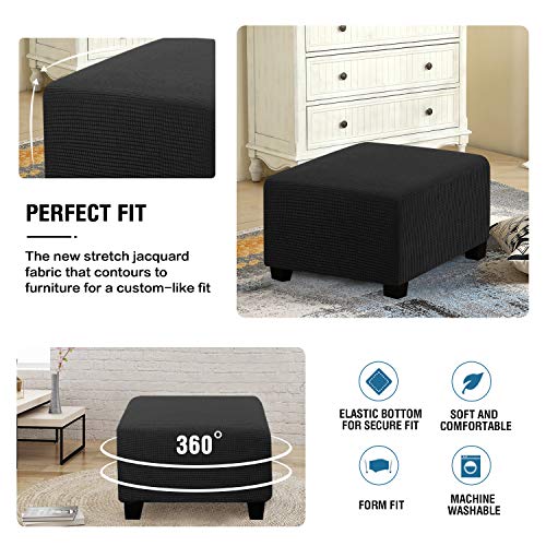 H.VERSAILTEX Square Ottoman Covers Ottoman Slipcovers Folding Storage Stool Furniture Protector Form Fit with Elastic Bottom, Stretch High Spandex Small Checks Jacquard Fabric(Medium,Black)