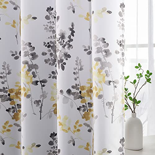 H.VERSAILTEX Blackout Curtains for Living Room Darkening Thermal Insulated Panels 54 Inch Long Light Blocking Gromment Curtains/Drapes, Grey and Yellow Vintage Classical Floral Printing, 2 Panels