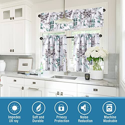 H.VERSAILTEX Blackout Kitchen Curtains Room Darkening Curtains Rod Pocket, Half Window Tier Curtains for Café, Laundry, Bedroom Grey and Turquoise Classical Floral Printing (Each 32"x 36", 2 Panels)