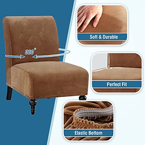 Armless Chair Slipcover Thick Striped Velvet Accent Chair Cover for Living Room High Stretch Slipper Chair Slipcover Removable Furniture Protector with Elastic Bottom, Machine Washable, Camel