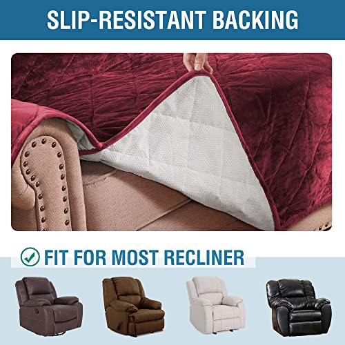 Thick Velvet Quilted Recliner Covers for Recliner Chair Covers Reclining Chair Slipcover Recliner Couch Cover with Non Slip Backing and Wider Elastic Strap (Checked - 79" x 68"- Burgundy)