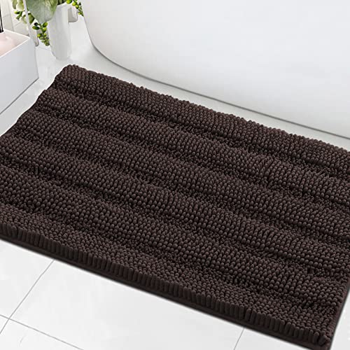 Bath Mats for Bathroom Non Slip Extra Thick Chenille Striped Bath Rug 24" x 36" Absorbent Non Skid Fluffy Soft Shaggy Rugs Washable Dry Fast Plush Mats for Indoor, Bath Room, Tub - Chocolate