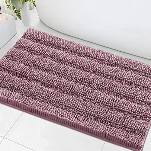 Bath Mats for Bathroom Non Slip Extra Thick Chenille Striped Bath Rug 24" x 36" Absorbent Non Skid Fluffy Soft Shaggy Rugs Washable Dry Fast Plush Mats for Indoor, Bath Room, Tub - Mauve/Rose