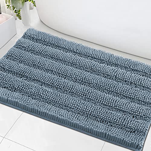 Bath Mats for Bathroom Non Slip Extra Thick Chenille Striped Bath Rug 24" x 36" Absorbent Non Skid Fluffy Soft Shaggy Rugs Washable Dry Fast Plush Mats for Indoor, Bath Room, Tub - Stone Blue