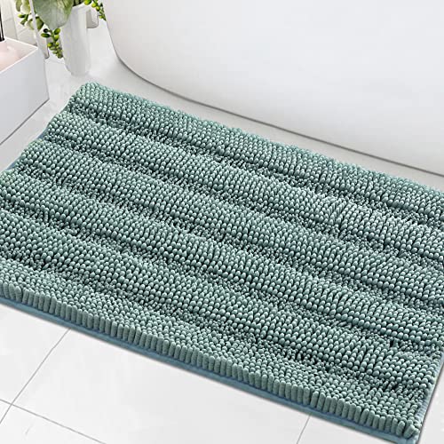 Bath Mats for Bathroom Non Slip Extra Thick Chenille Striped Bath Rug 24" x 36" Absorbent Non Skid Fluffy Soft Shaggy Rugs Washable Dry Fast Plush Mats for Indoor, Bath Room, Tub - Eggshell Blue