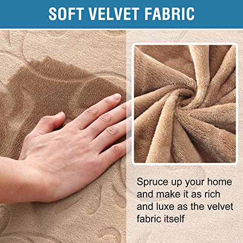 Sofa Slipcover 100% Waterproof Sofa Cover Couch Cover Premium Velvet Classic Flower Pattern Furniture Protector Non Slip with Elastic Straps for Pets Dogs Width Up to 52 Inch (Medium Sofa, Camel)