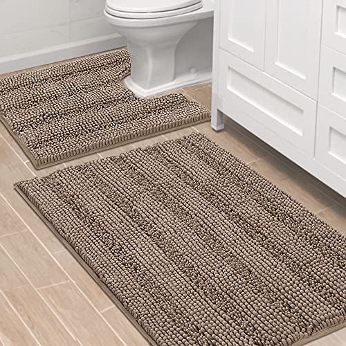 PrimeBeau Bathroom Rugs Bath Rug Set 14 Piece Bathroom Contour Rug Toilet Mat Sets Non Slip Contour Bath Rug Ultra Thick Water Absorbent Striped Bath Mats Washable