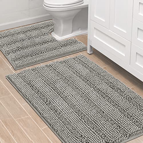 PrimeBeau Bathroom Rugs Bath Rug Set 5 Piece Bathroom Contour Rug Toilet Mat Sets Non Slip Contour Bath Rug Ultra Thick Water Absorbent Striped Bath Mats Washable
