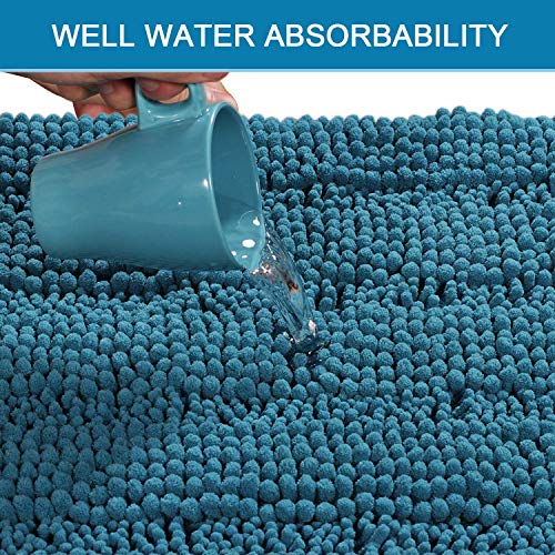 Bath Mats for Bathroom Non Slip Extra Thick Chenille Striped Bath Rug 24" x 36" Absorbent Non Skid Fluffy Soft Shaggy Rugs Washable Dry Fast Plush Mats for Indoor, Bath Room, Tub - Turquoise Blue