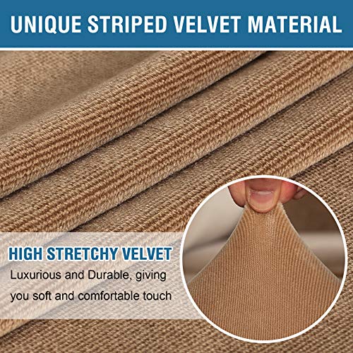 Thick Striped Velvet 3 Piece Stretch Sofa Covers Couch Covers for 2 Cushion Couch Sofa Slipcovers (Base Cover Plus 2 Large Cushion Covers) Feature Soft Stay in Place(2 Cushion: 72"-88", Camel)
