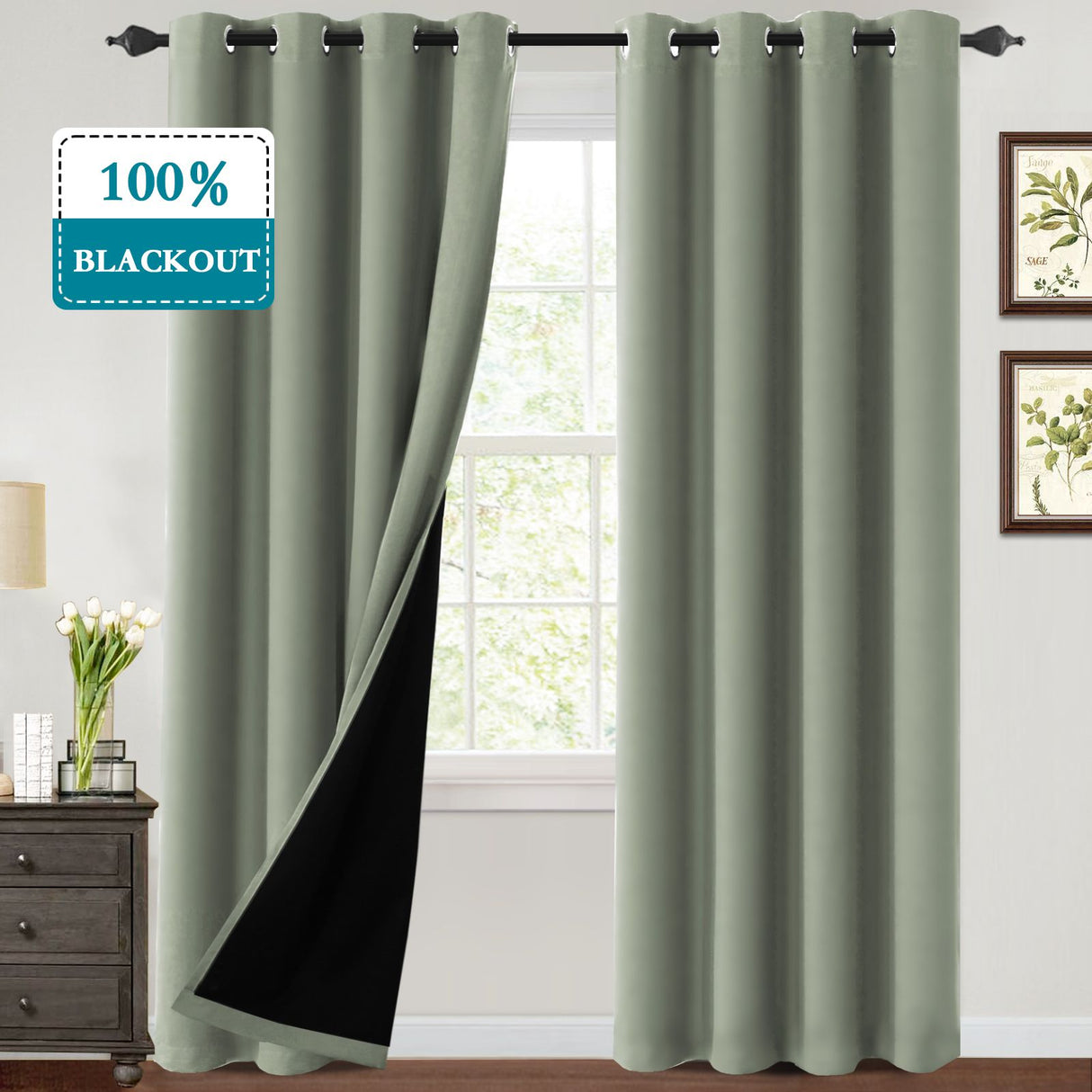 Thermal Insulated 100% Blackout Grommet Curtains for Bedroom with Black Liner(52 x 108-Inch, 2 Panels)
