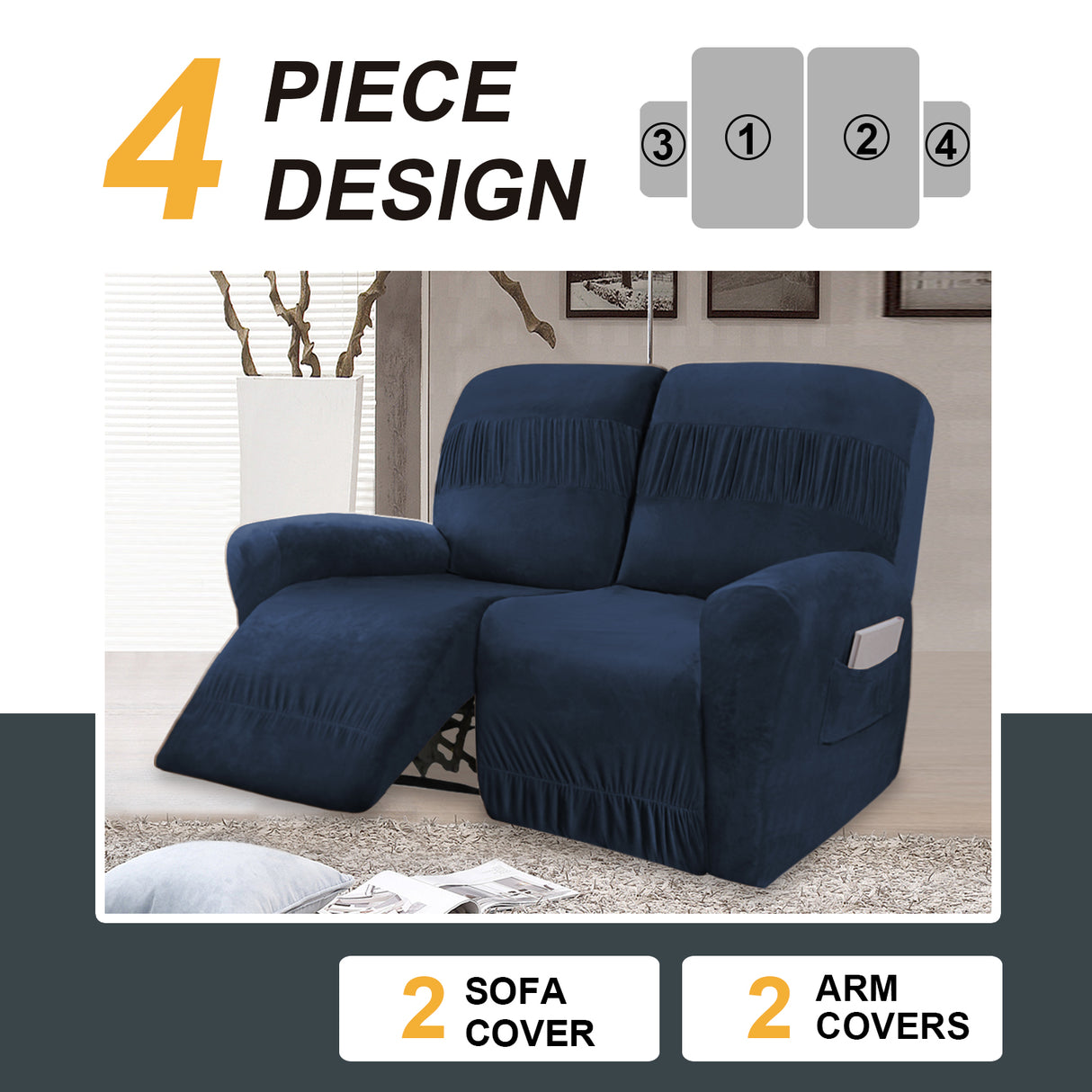 4-Pieces Stretch Velvet Recliner 2-Seater Slipcovers