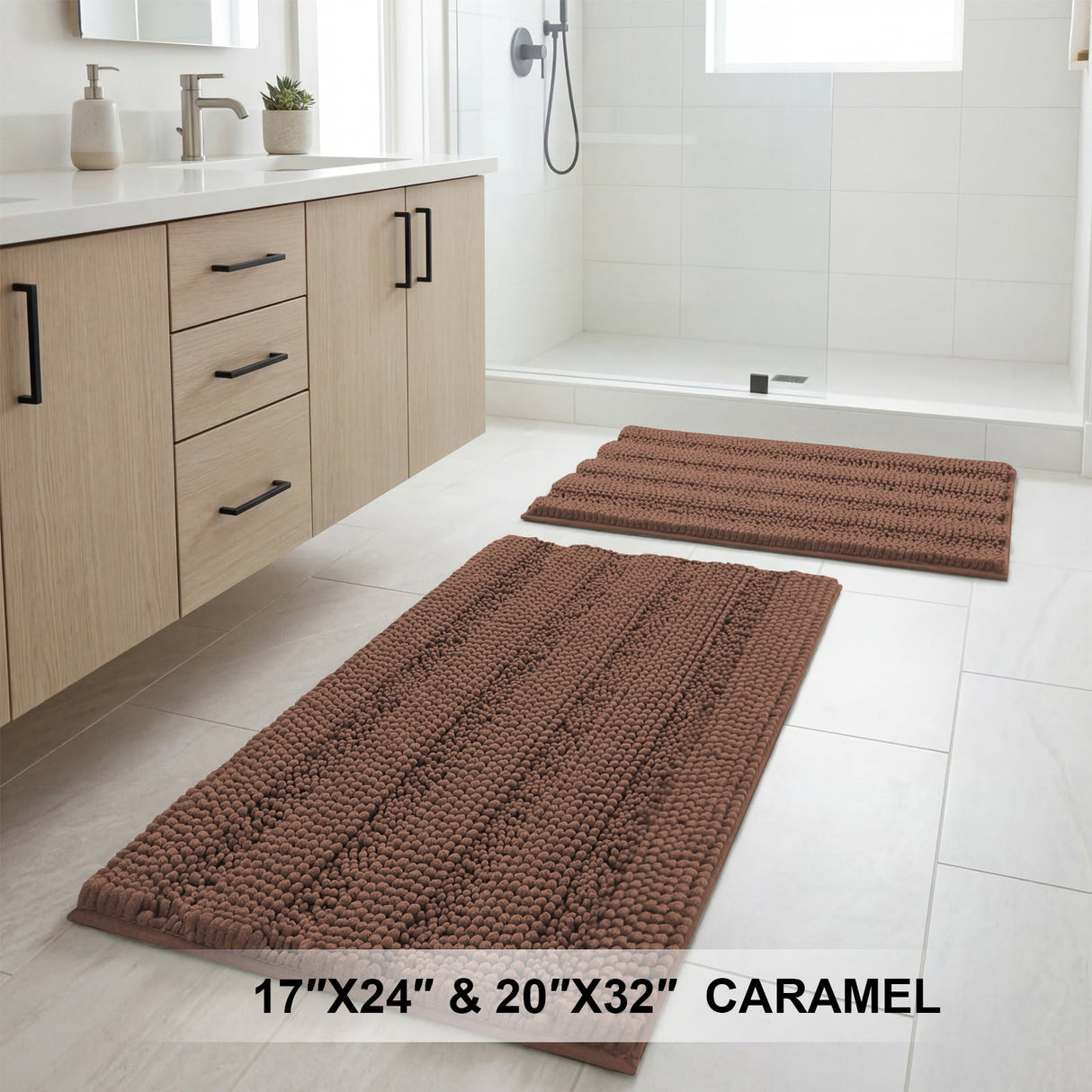 H.Versailtex 2 Pieces  Extra Thick Chenille Striped Pattern Shaggy Bath Rugs Include 1 Rectangle and 1 Toilet Rug