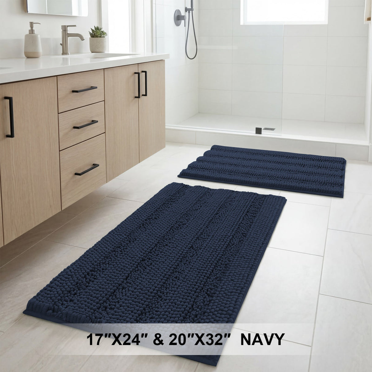 H.Versailtex 2 Pieces  Extra Thick Chenille Striped Pattern Shaggy Bath Rugs Include 1 Rectangle and 1 Toilet Rug
